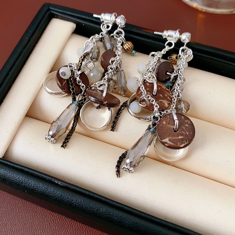 纯铜陶瓷耳饰 复古椰壳流苏时尚百搭设计感小众耳环