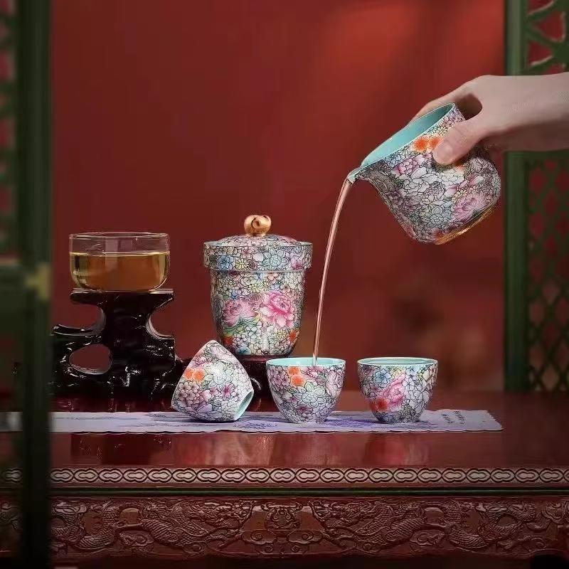五言六器茶具如意芳菲进的真弓手珐琅彩瑞象旅行茶具精选礼盒