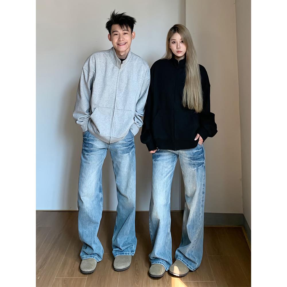 秋冬款美式高级感痞帅裤子直筒微喇叭弯刀裤浅蓝色闪电水洗牛仔裤