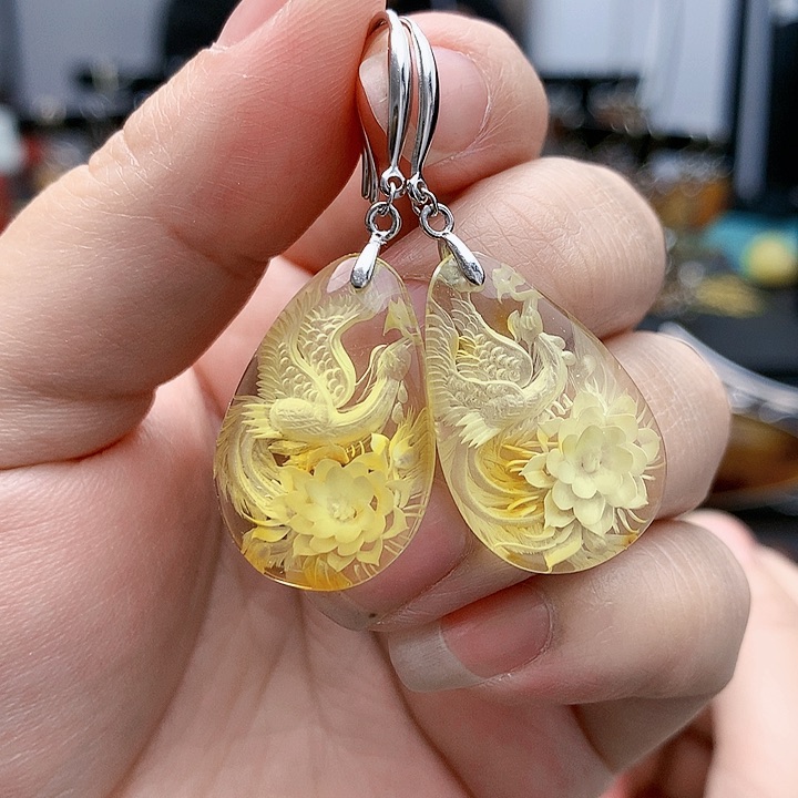 琥珀裸石银S925镶嵌耳坠