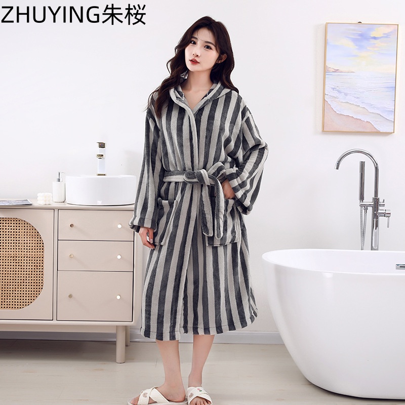 秋冬加厚条纹浴袍成人男女款吸水速干保暖秋冬7A高档睡袍家居服