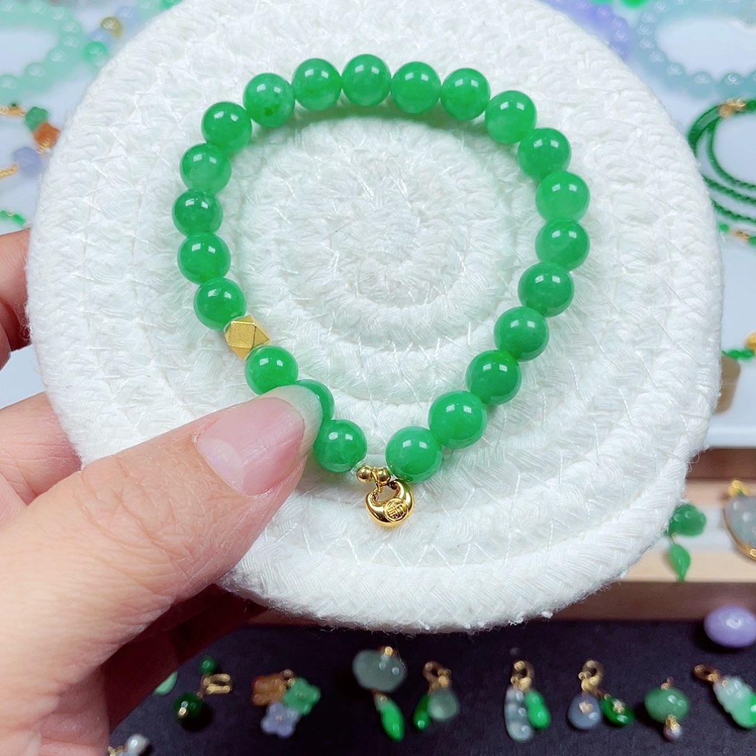 翡翠18K金镶嵌手链天然缅甸翡翠A货卡8