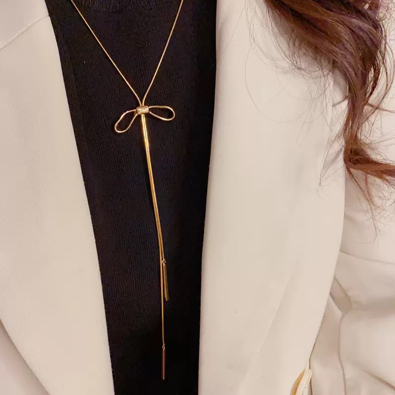 铜合金项链 金属蝴蝶结抽拉式流苏项链轻奢时尚简约百搭颈链3167