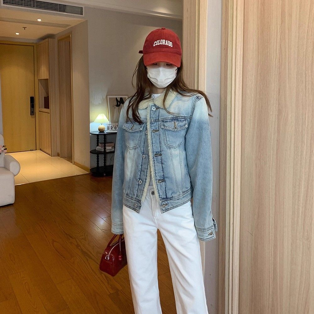 毛绒新款夹棉牛仔水洗复古棉服女2025冬季通勤百搭外穿夹克外套潮