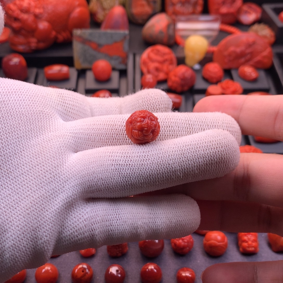 南红玛瑙未镶嵌【传仁】精工雕刻满肉柿子红象神圆珠14.5mo