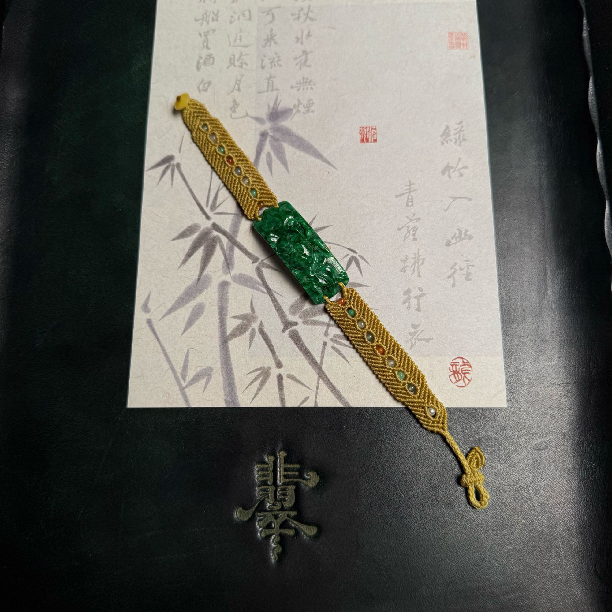 高品新中式缅甸A货翡翠精美干青手牌手工编织民族风