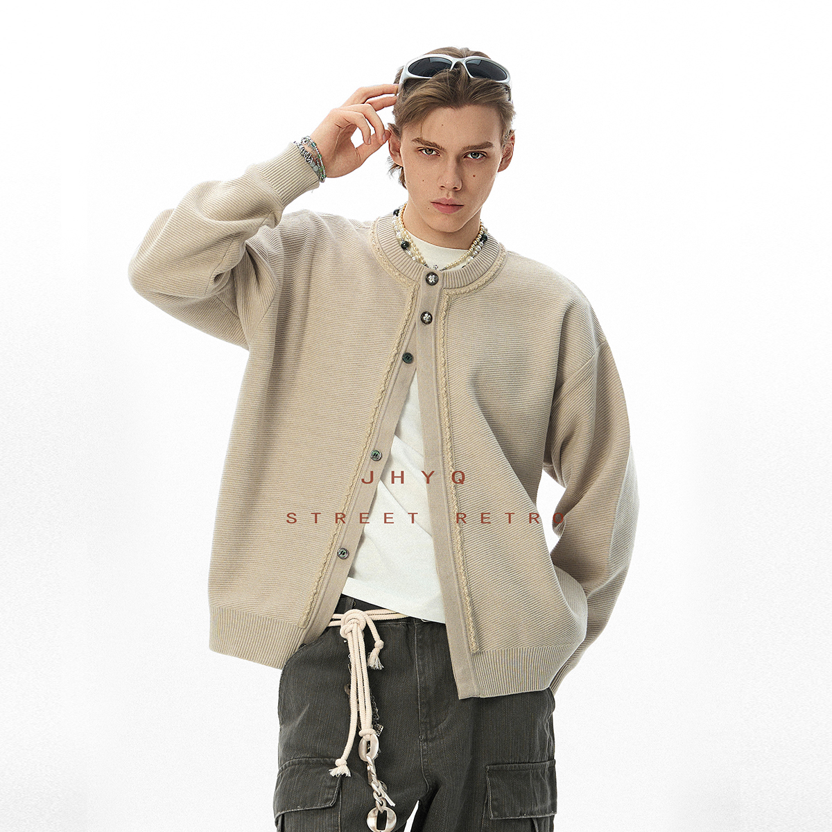 【JHYQ】秋冬复古编绳针织开衫毛衣外套男宽松休闲羊毛衫上衣24204