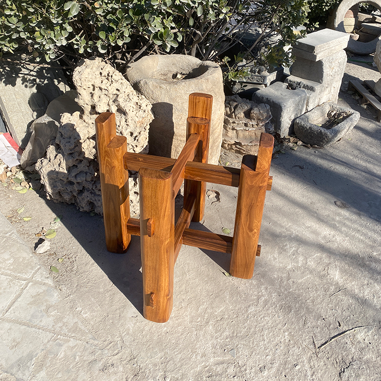 石磨木架子实木支架老榆木槐木圆形置物架老石槽茶盘大架子定制