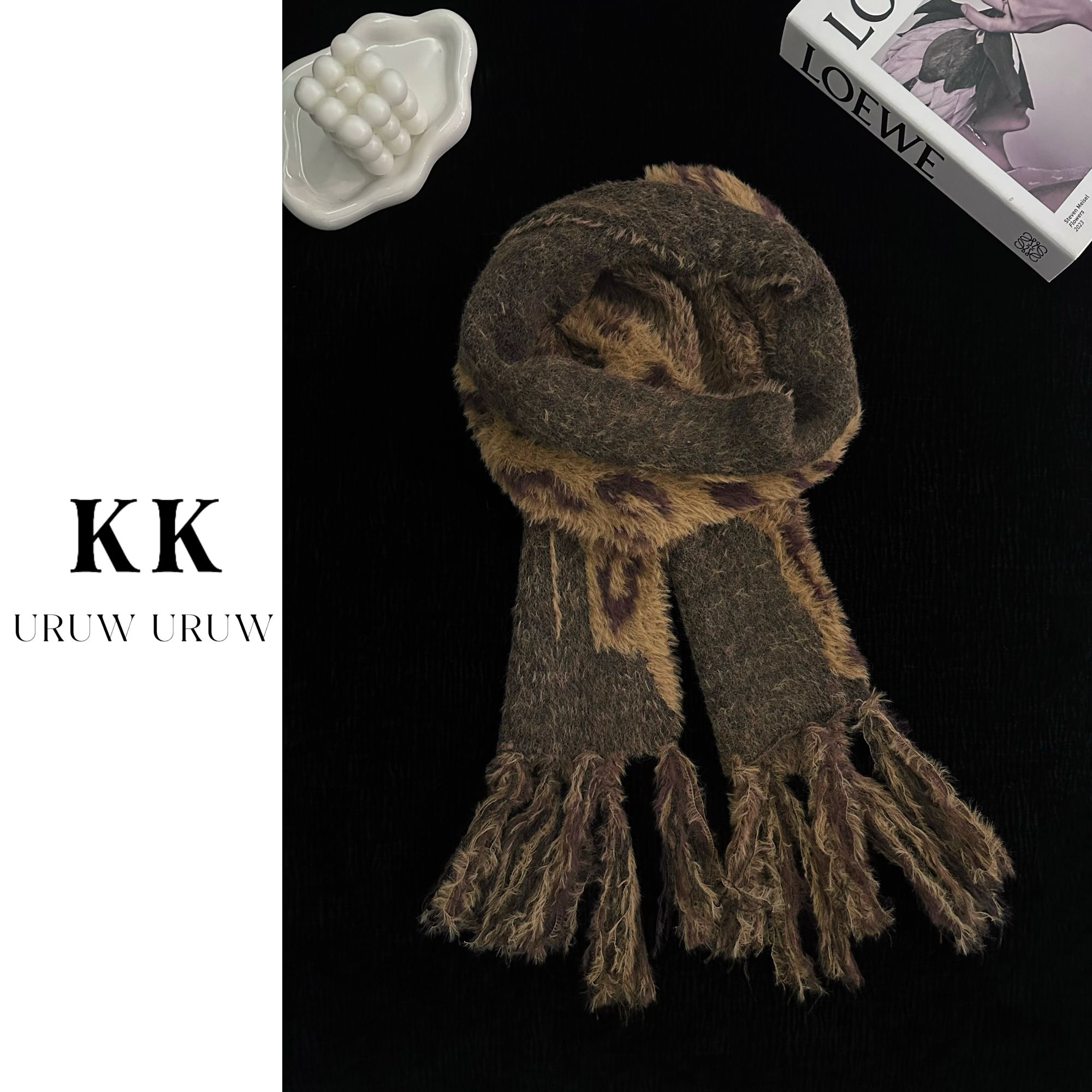 柯柯 韩系高级感豹纹流苏氛围感百搭针织围巾KL493