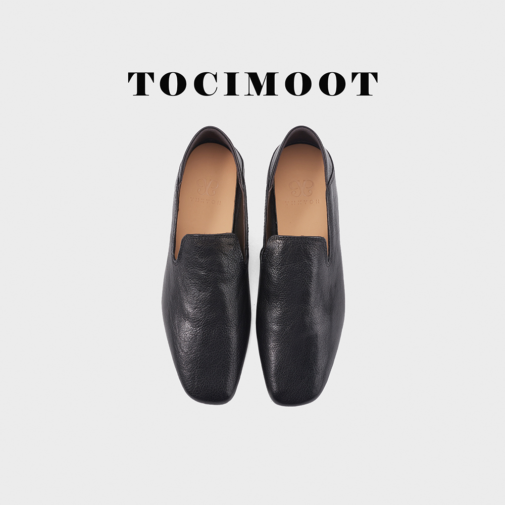 TOCIMOOT/超软真皮平底简约乐福鞋方头一脚蹬单鞋黑色