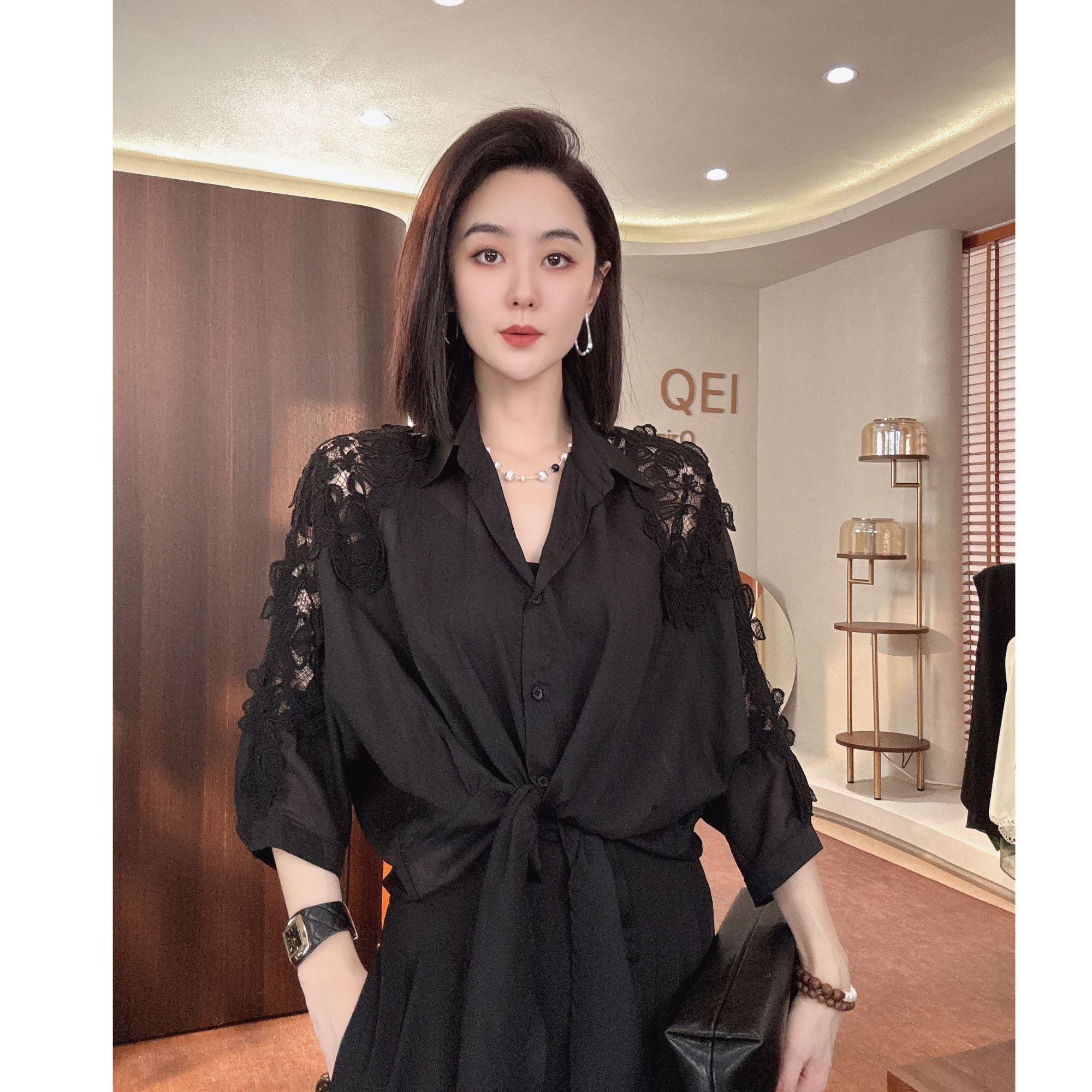 MORELAN2025洋气时尚减龄不规则绑带刺绣POLO长袖衬衫上衣5898