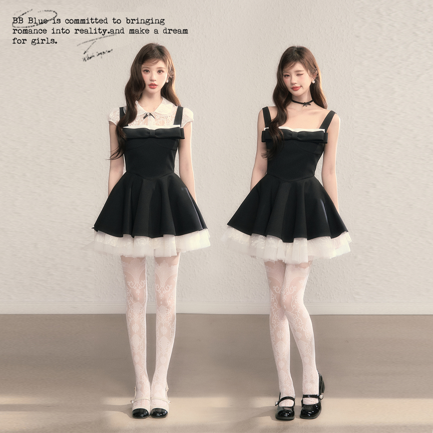 BB BLUE/露思小黑裙巨好看气质收腰显瘦法式赫本风蕾丝蓬蓬连衣裙