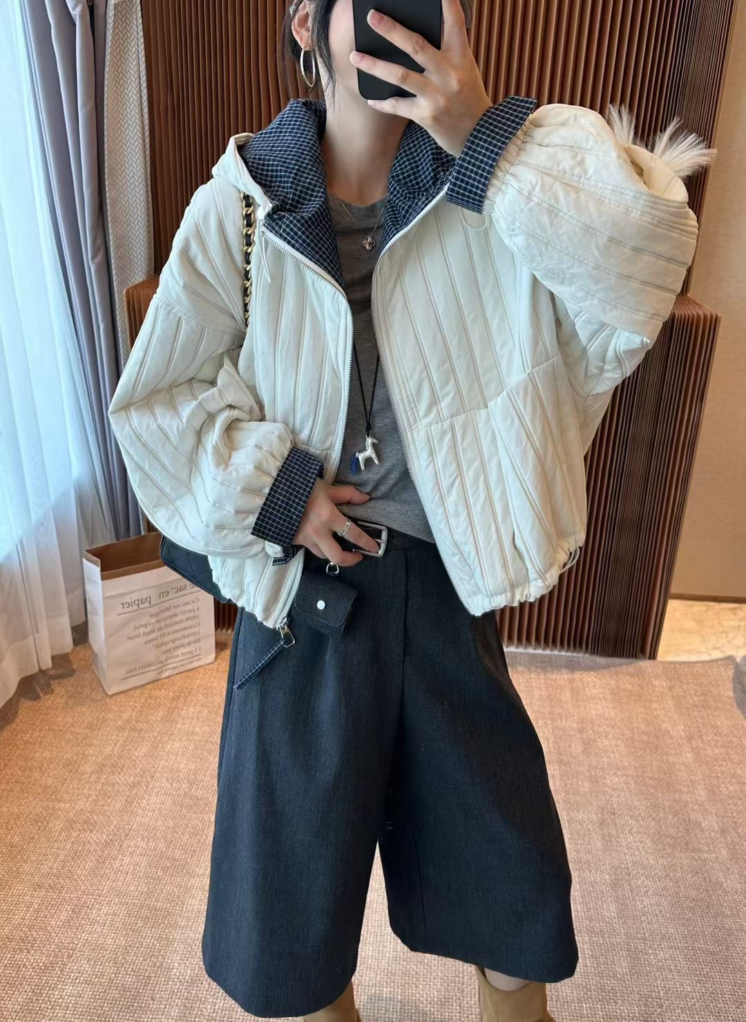 韩系连帽拼接格子休闲短款外套女2025秋冬新款宽松显瘦撞色上衣潮