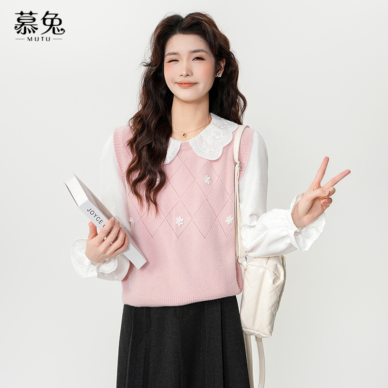 慕兔甜美娃娃领长袖衬衫女2025春季新款叠穿针织马甲背心两件套