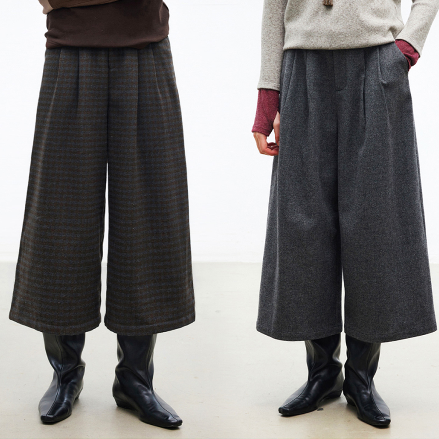 DotDrobe/多着羊毛混纺靴裤 褶裥阔腿八分毛呢休闲裤女秋冬-两色