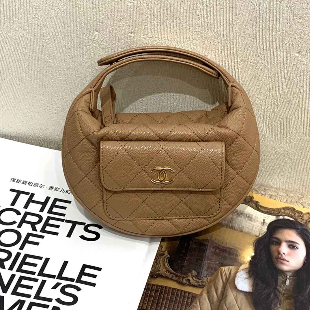 99新 Chanel/香奈儿 23B 深米色金扣荔枝牛呼啦圈包