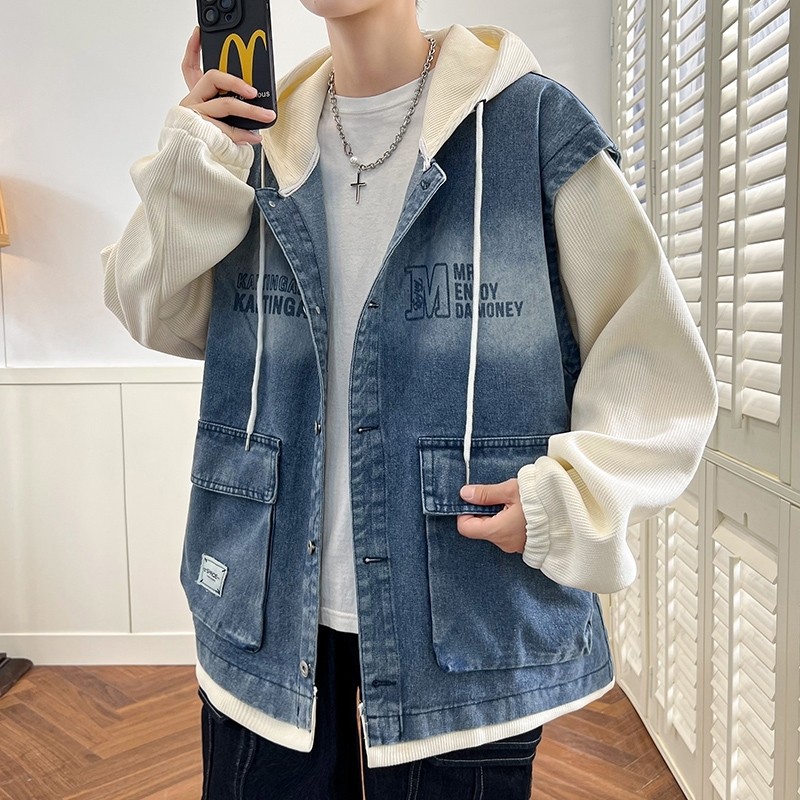 牛仔外套男秋季复古痞帅工装休闲夹克潮牌青少年百搭连帽男生上衣