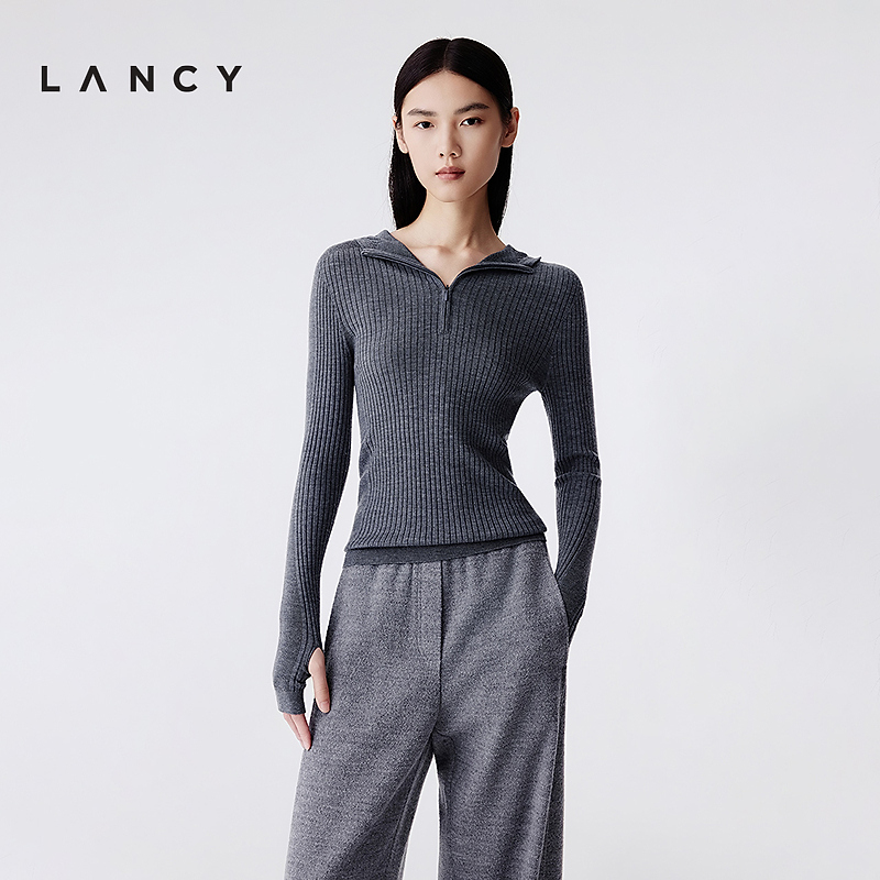 【100%羊毛】LANCY/朗姿2025冬新款气质连帽针织衫百搭拉链毛衣女