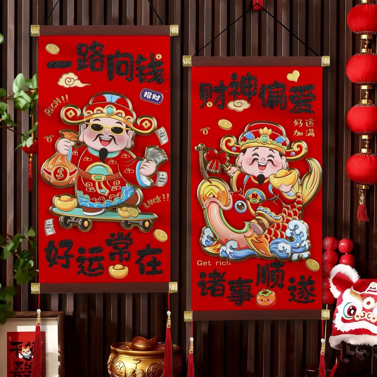 新年财神爷装饰客厅入户门大红色中国风财神爷挂饰过年挂件批发