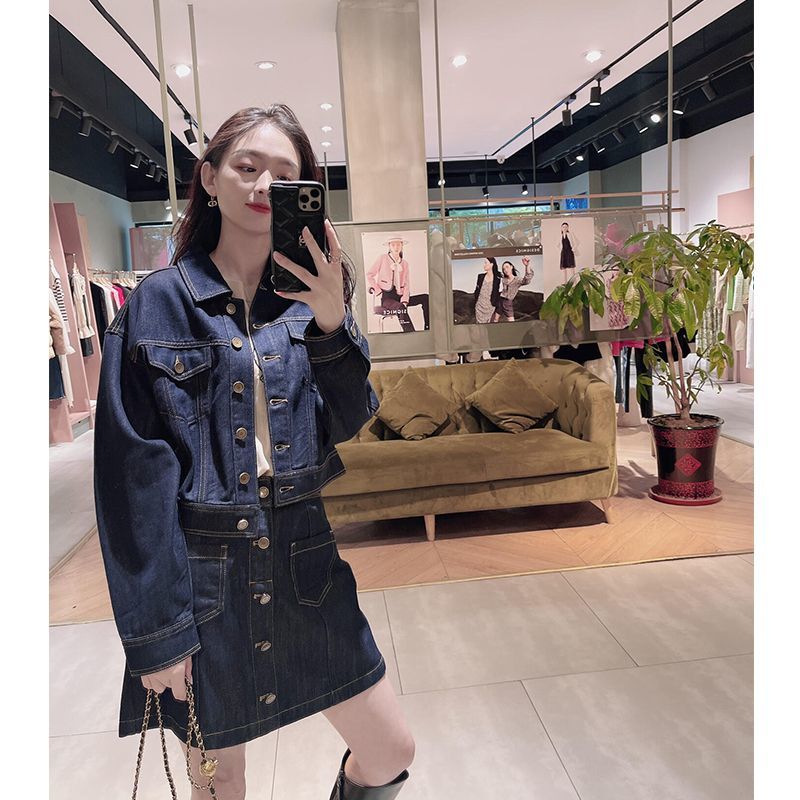 NQQ16080302秋季港风复古御姐高级感甜酷牛仔外套半身裙两件套装