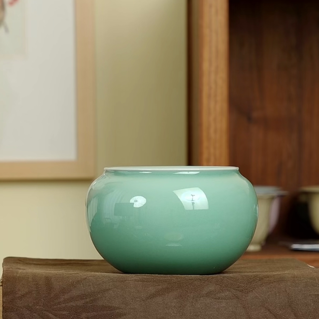 梅子青釉茶洗周贝龙泉青瓷茶渣缸陶瓷水盂复古中式家用茶道配件