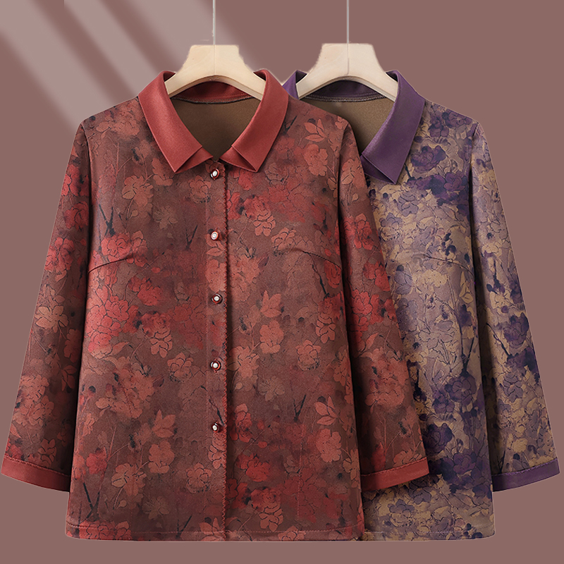 中老年秋冬2025新款唐装薄款中老年女装宽松型休闲风碎花纽扣上衣