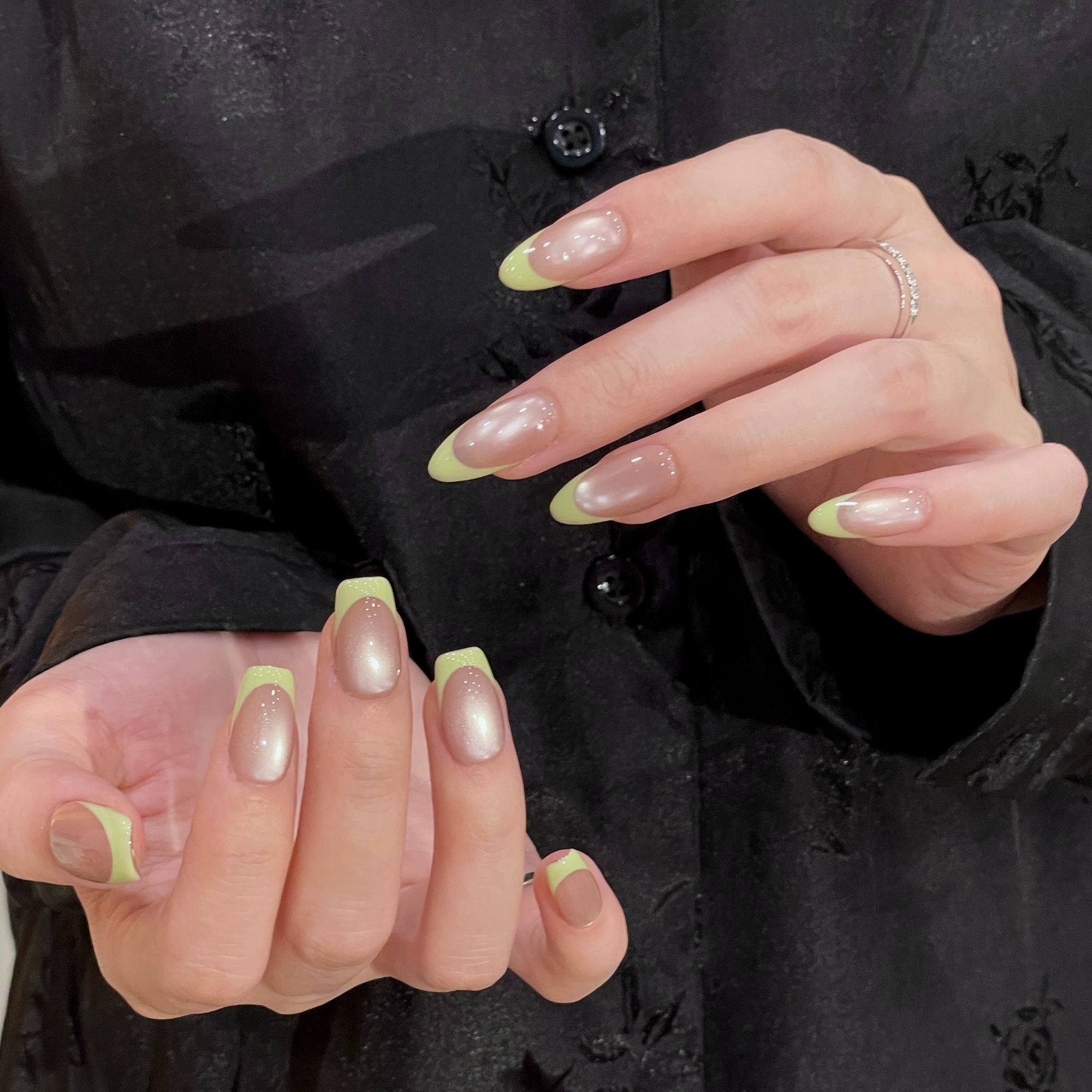 「S2036升职加薪」抹茶法式追光玻璃珠猫眼手工穿戴甲 18种甲型定制