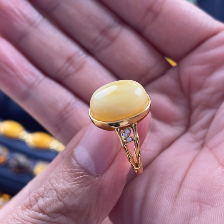 蜜蜡戒指银S925镀金镶嵌