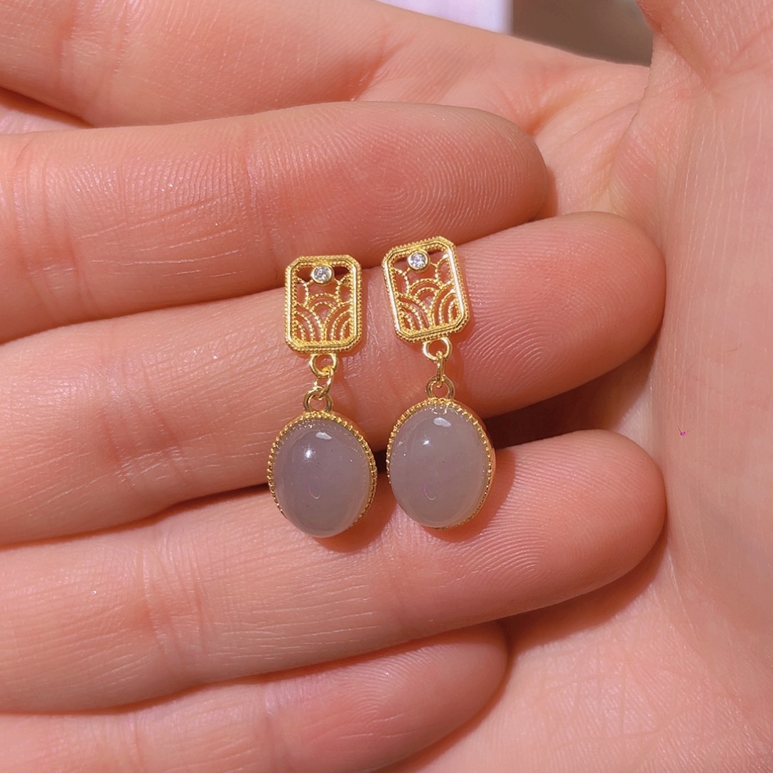 和田玉耳饰银S925镀金镶嵌