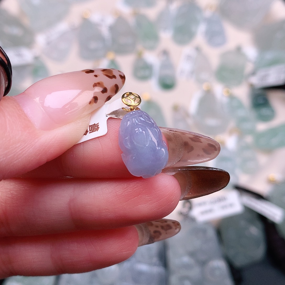 翡翠颈饰18K金镶嵌紫貔貅19、14、9.7、5.7