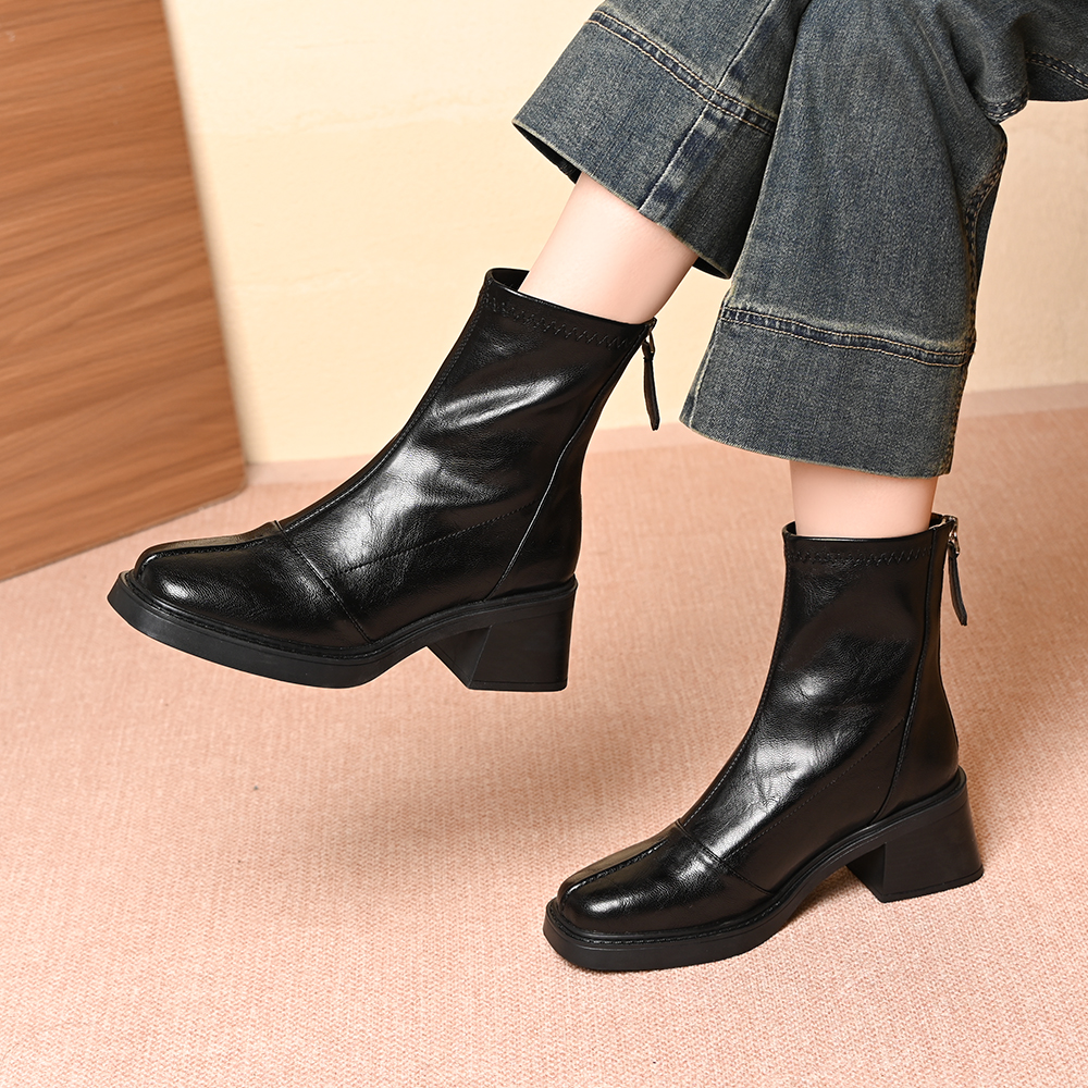 复古高跟秋冬短靴女方头显瘦弹力靴粗跟厚底后拉链马丁靴瘦瘦靴子