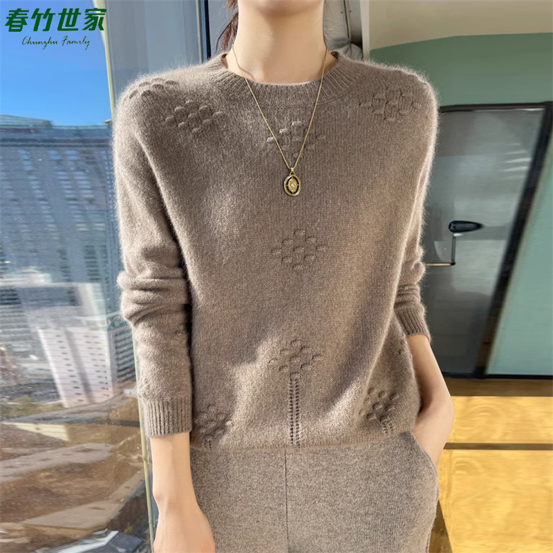 春竹世家秋冬纯色圆领羊毛衫女韩版时尚减龄显瘦百搭羊绒针织打底