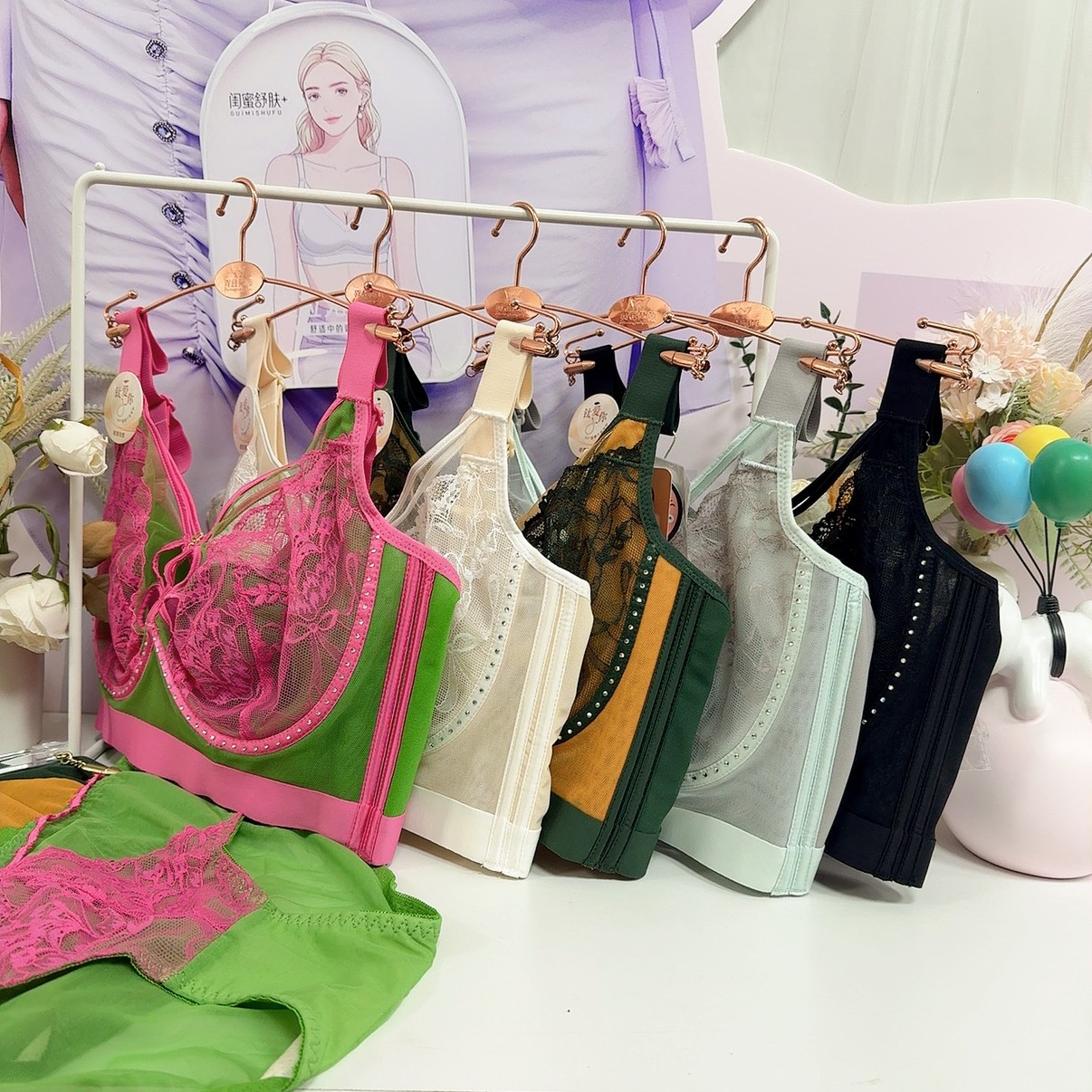 超薄大胸显小反重力提拉撞色透气调整型超薄性感文胸内衣五排扣新