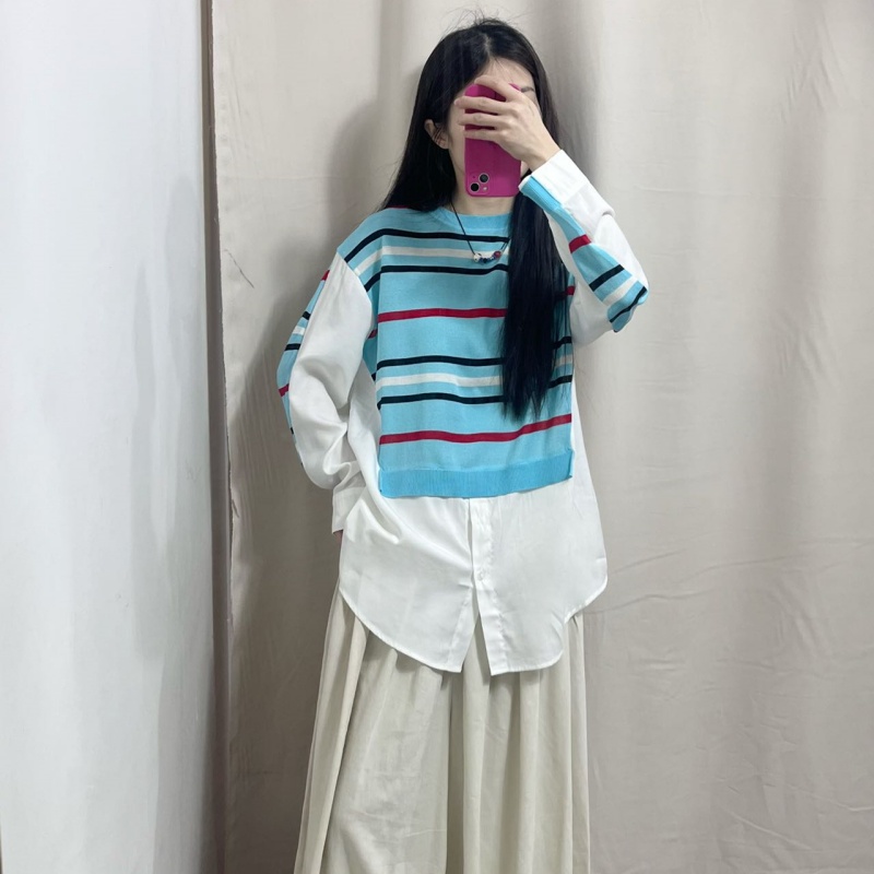 直播链接    春秋长袖条纹拼接针织假两件上衣