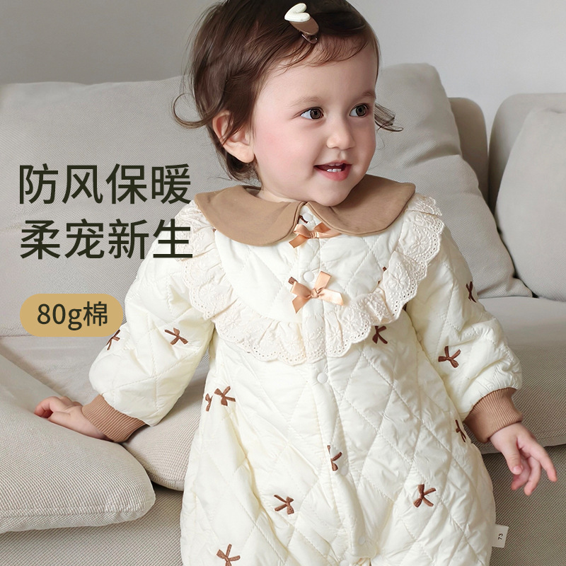 婴儿连体衣衣服秋冬款新生儿薄棉女宝宝公主洋气周岁保暖外出服