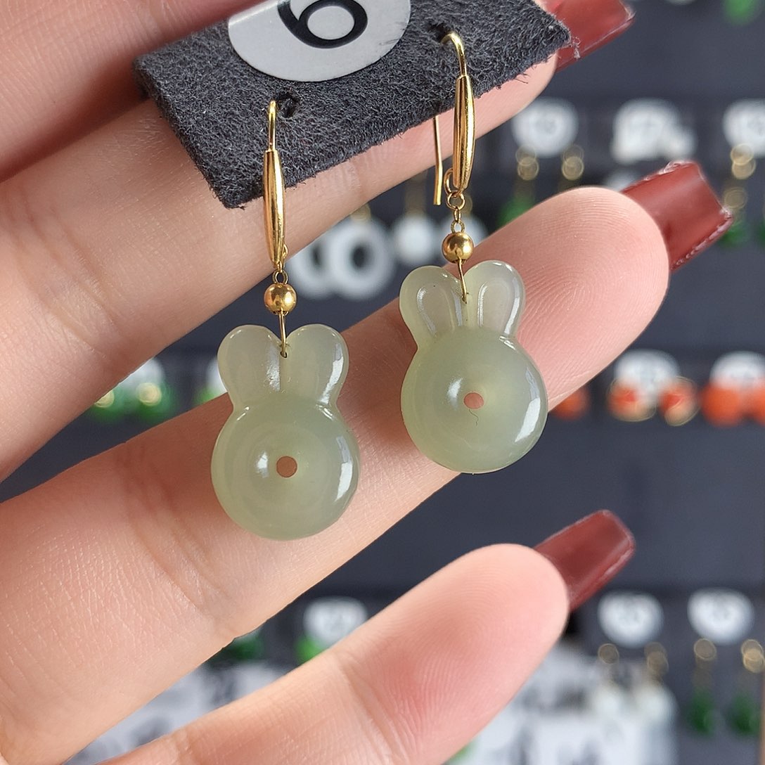 和田玉耳饰18K金镶嵌6