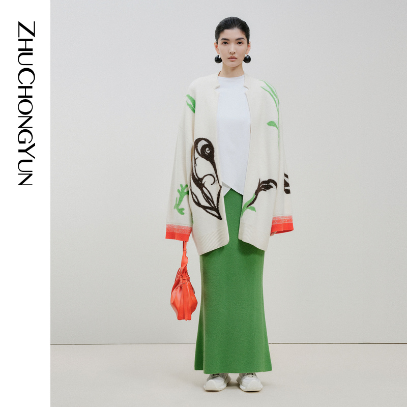 【晨晨甄选】ZHUCHONGYUN春新款斜门襟撞色毛针织外套