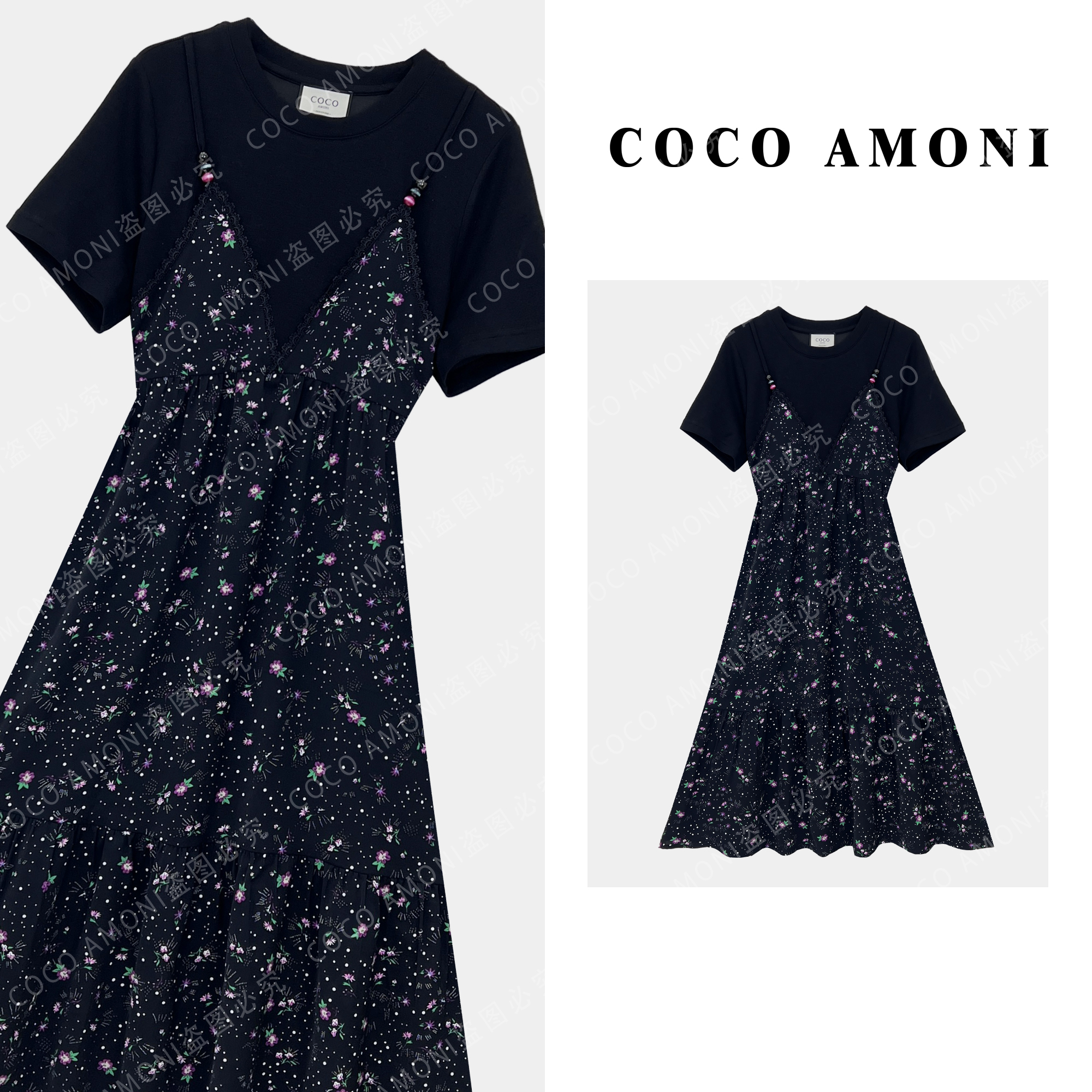 新款高级感气质时尚女装拼接假两件碎花显瘦高定连衣裙AC649