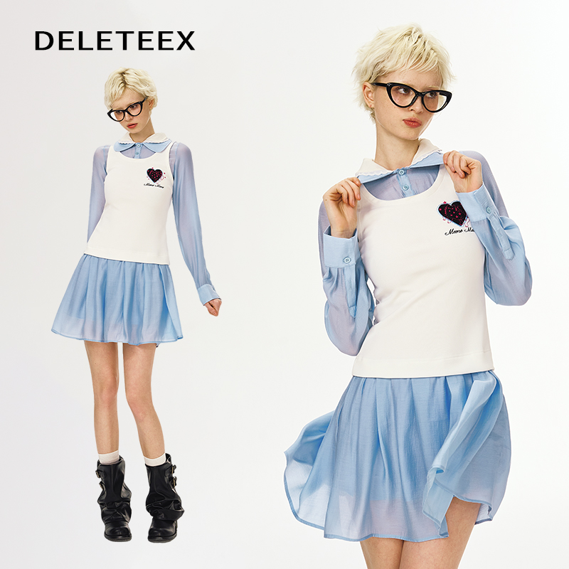 DeleteEX原创meowmeow系列学院风双领衬衫拼接假两件收腰连衣裙