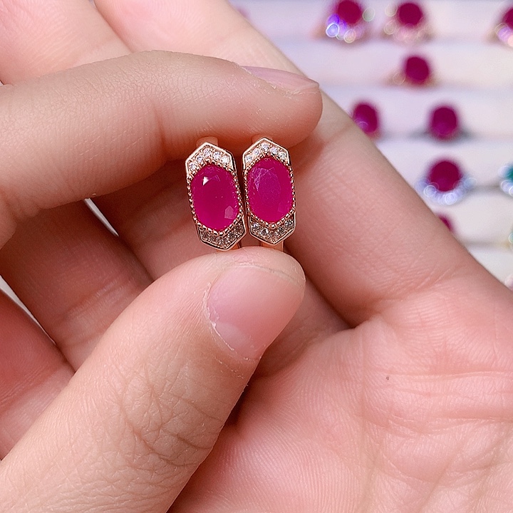 红宝石耳饰银S925镶嵌