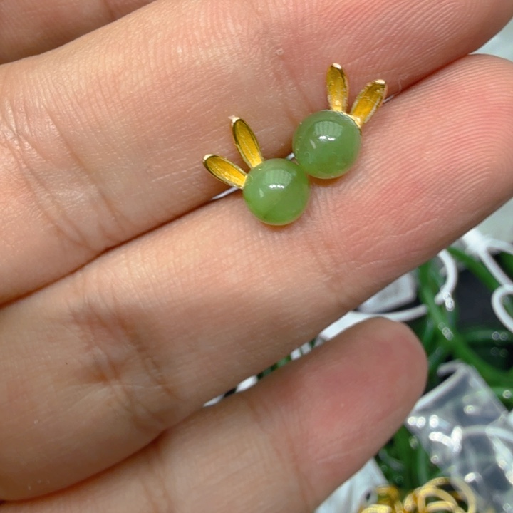 和田玉（碧玉）耳饰银S925镀金镶嵌