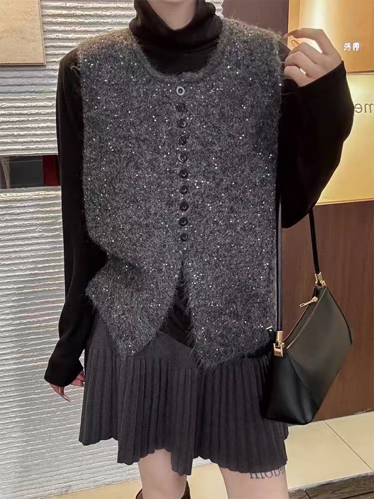 七言家 网红时尚单排扣亮片马甲背心
