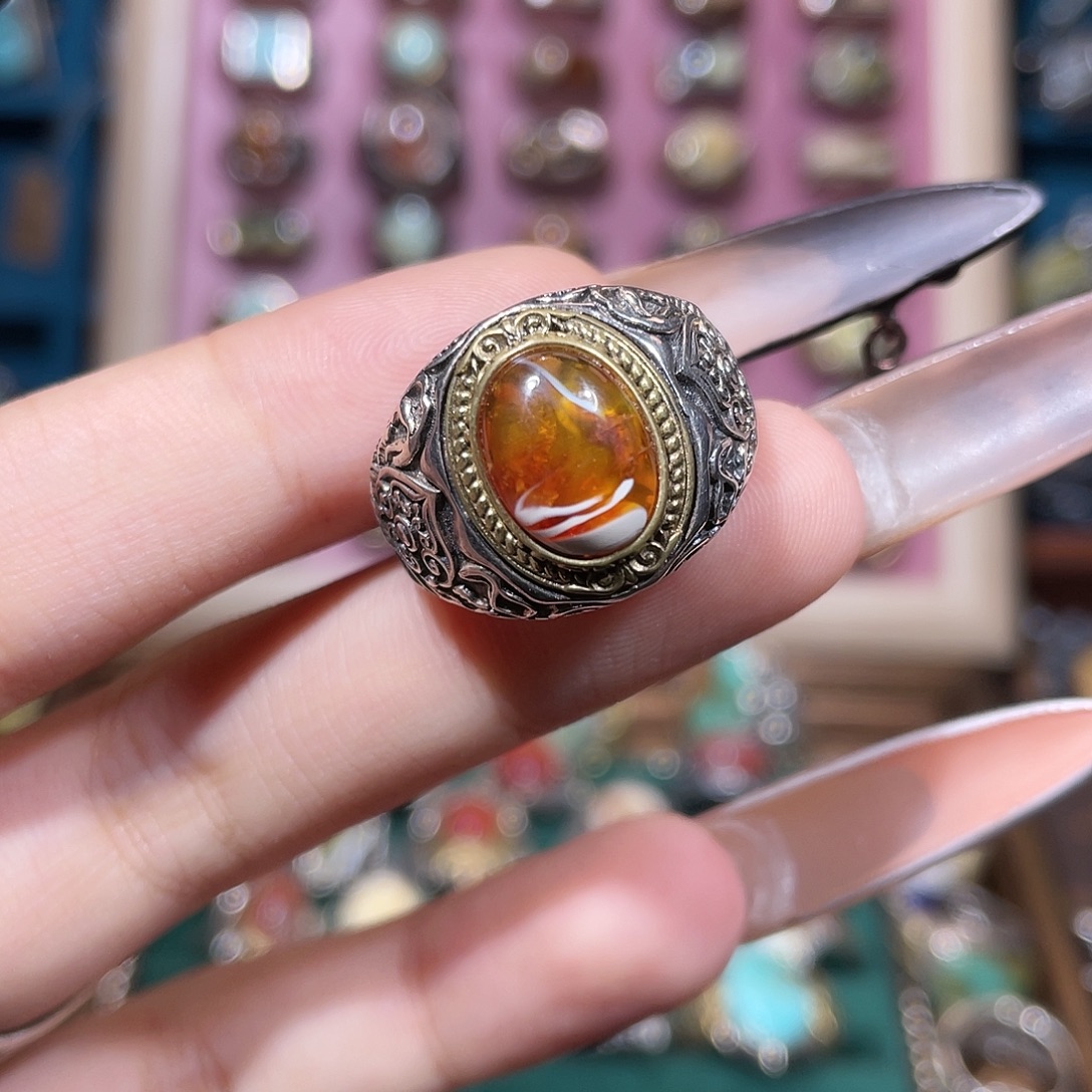 琥珀银S925镶嵌戒指