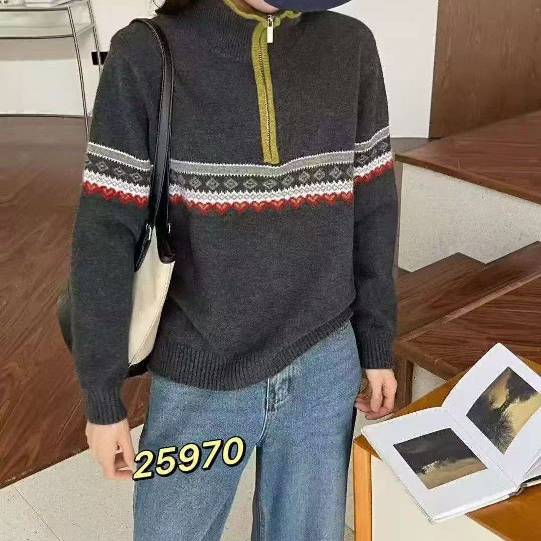 秋冬女士韩系高级感半拉链高领提花毛衣