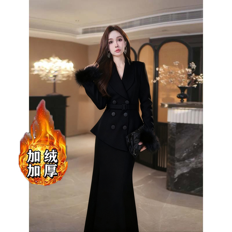 【爆款】【加绒加厚】【两件套】2025秋冬新款西装外套显瘦半身裙D4050
