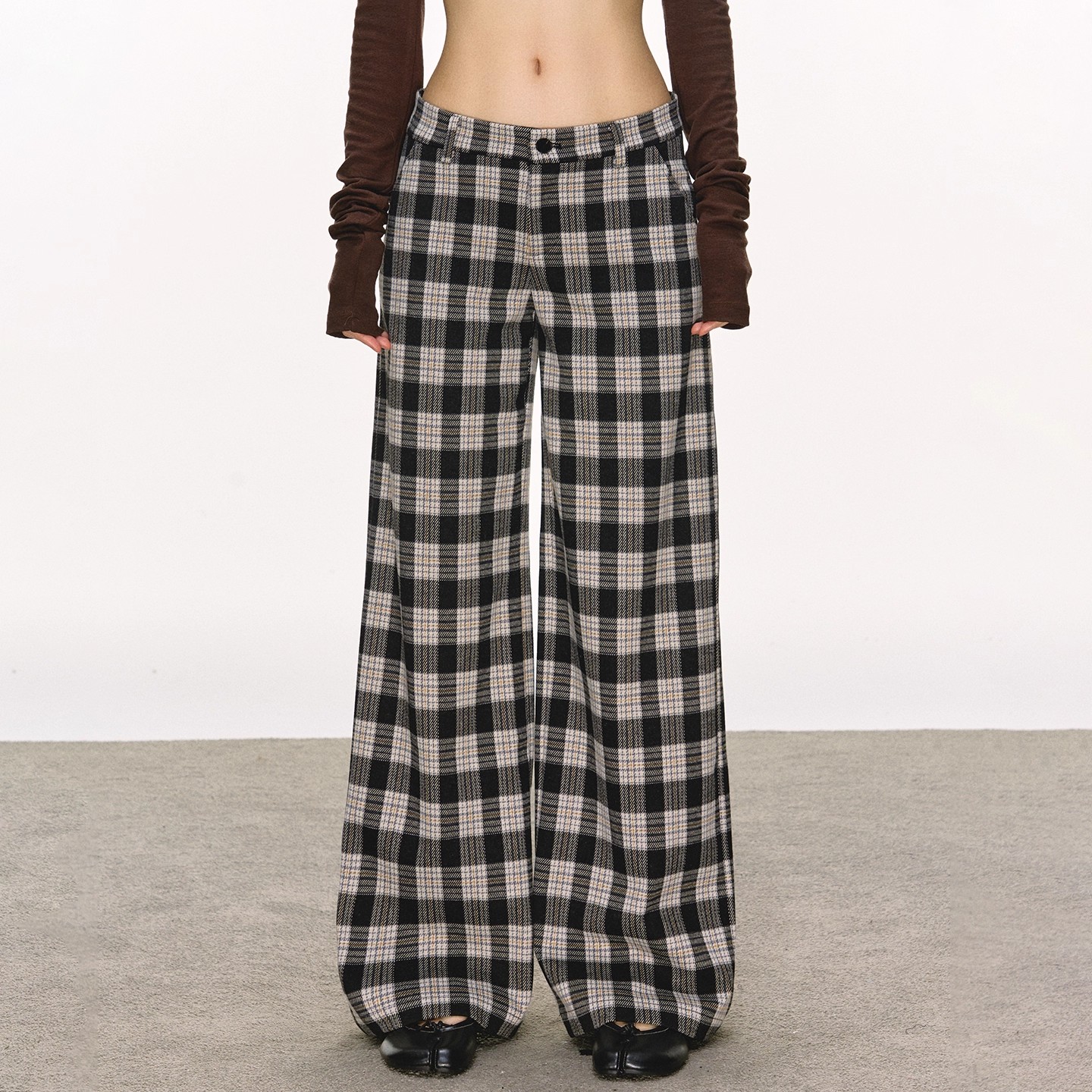 anna aneae格子休闲裤女秋冬季复古低腰百搭直筒裤垂感宽松阔腿裤