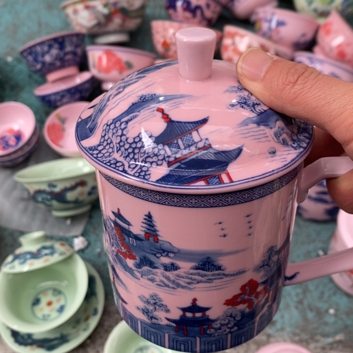 摆件陶红稀土梧桐釉里红直筒办公杯