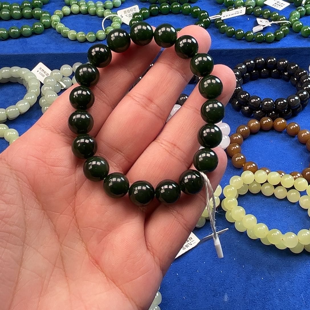 和田玉未镶嵌手链俄料碧玉菠菜绿