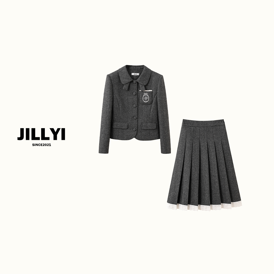 JILLYI珠海店【罗马之夜】灰色学院风气质外套+灰色半身裙时尚套装