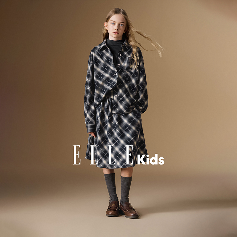 ELLE KIDS 复古学院格纹套装女儿童秋季新款长袖衬衫+A字半裙F5